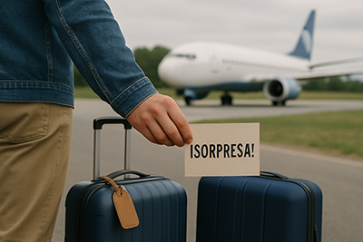 sorpresa cartel sorpres con maleta y avion